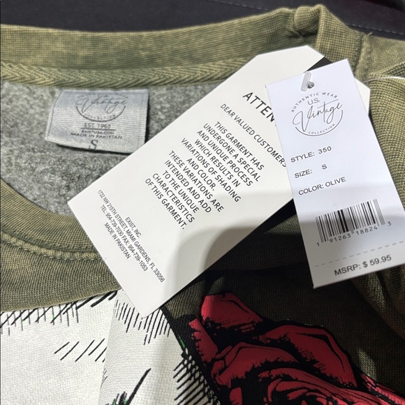 U.S. Vintage Fleece lined pullover sweatshirt, skull & raised roses,washed olive - Picture 9 of 9